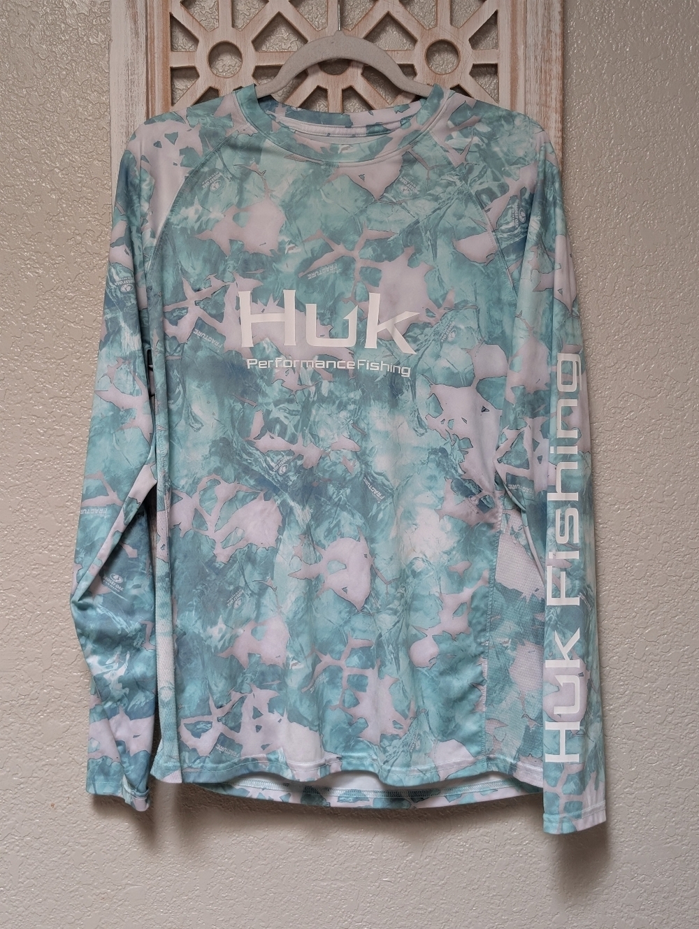 Huk Fishing Long Sleeve Shirt Mossy Oak Camo Pursuit Performance Mens M Blue